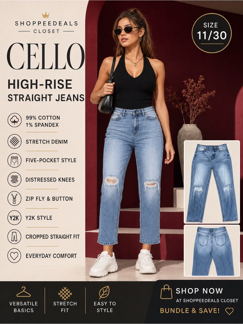 Cello High-Rise Distressed Straight Jeans Light Wash Size 11/30 Cropped